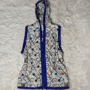 Long Sleeveless Novelty Print Windbreaker Vest with Hoodie (Vintage)